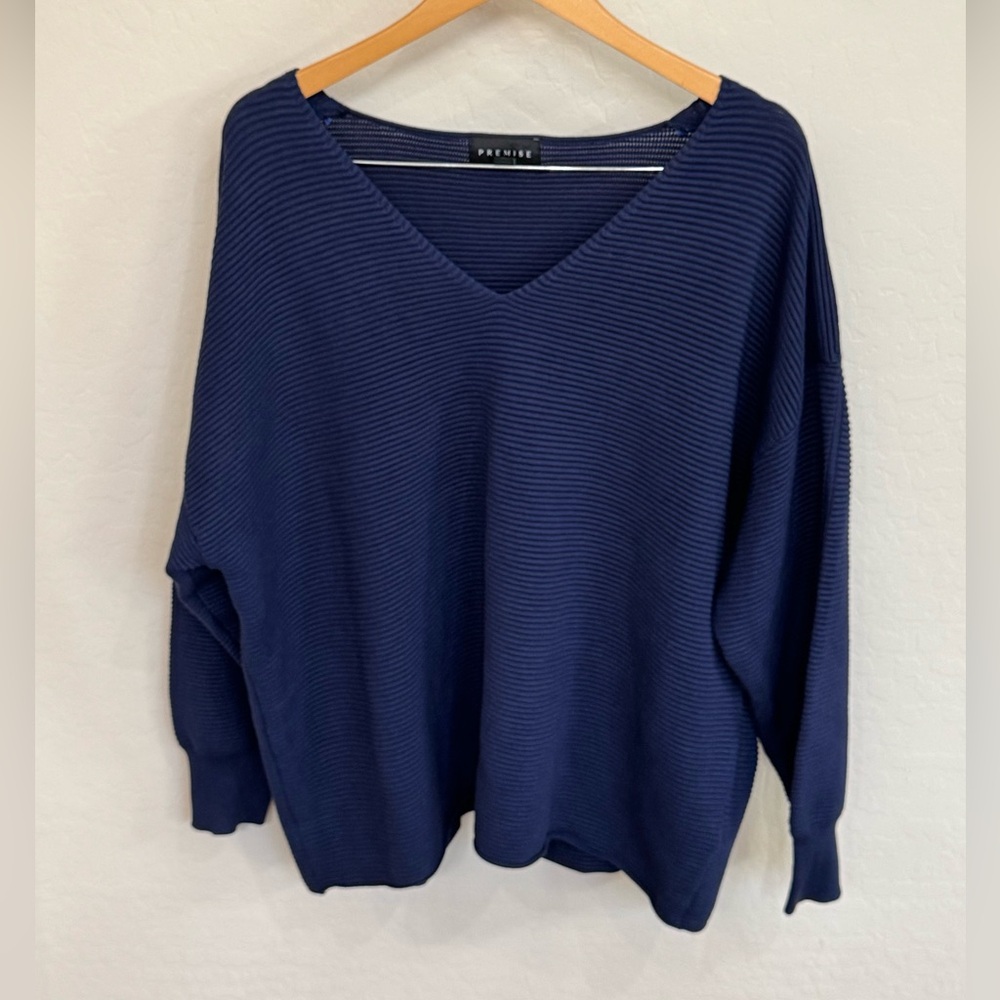Premise Woman Naval Blue Ribbed Knit V-Neck Sweater Plus Size 2X Like New